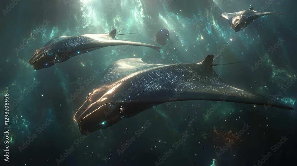 Fototapeta premium Galactic Manta Rays Navigating Through a Nebula, Cosmic Ocean, Generated AI