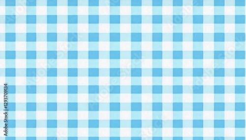 Light blue gingham pattern background, a seamless texture for design elements. White checkered fabric with light pastel colors. 