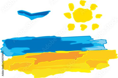 Stylized seascape with sun and seagull. Vacation in the tropics on the ocean shore. Vector graphics 