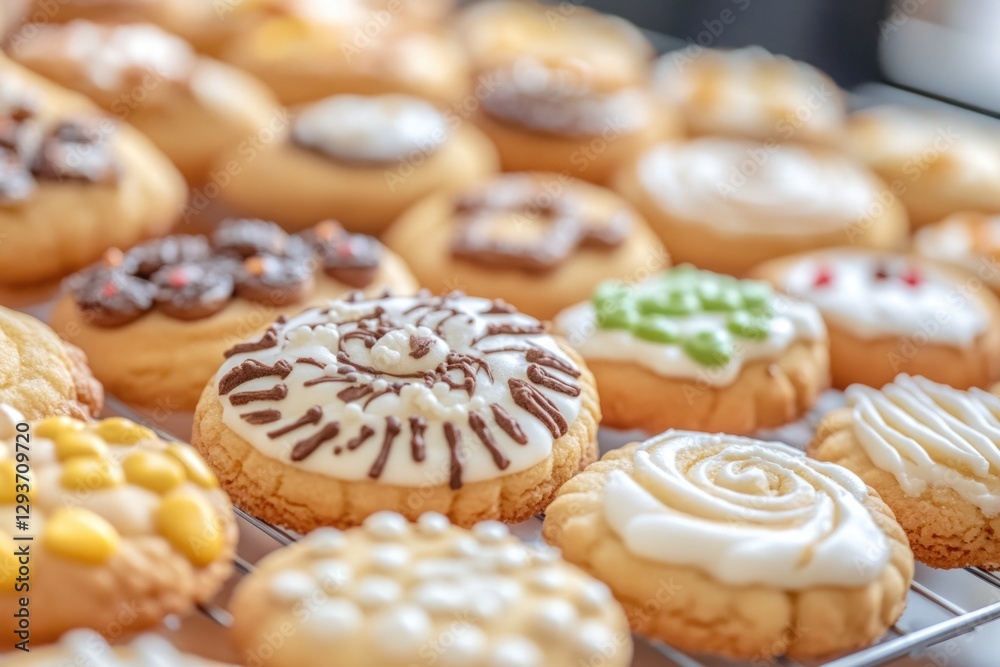 Assortment of sweet treats displayed on a wooden rack, ideal for food photography or culinary themed designs Assortment of sweet treats displayed on a wooden rack, ideal for food photography or culinary themed designs
