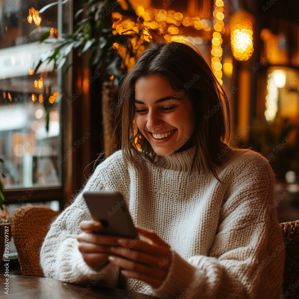Young woman smiling with smartphone in cafe Young woman smiling with smartphone in cafe