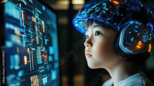 Student using a tablet with a digital tutor AI, adaptive learning experience, futuristic online education interface