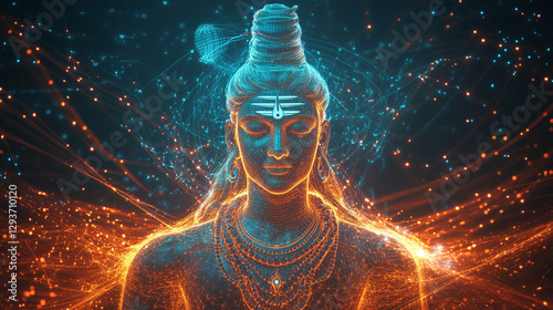 A mesmerizing digital representation of Lord Shiva, depicted in an intricate wireframe structure glowing with divine energy, symbolizing cosmic balance and spiritual strength	

