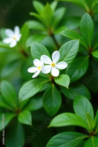 Delicate white flowers blooming on a small shrub in an Indian garden, white, jasmine, camellia