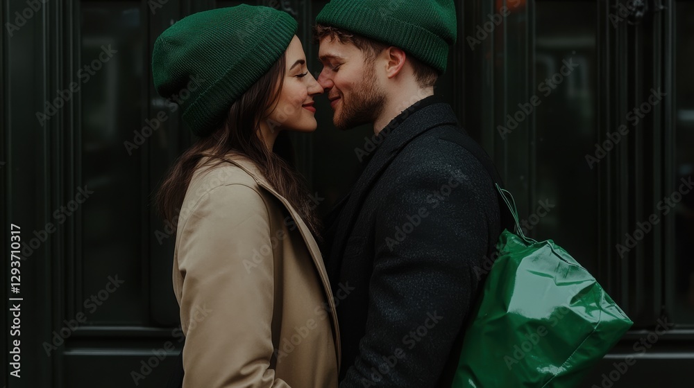 Fototapeta premium Young couple on the street in green hats, hugging. 