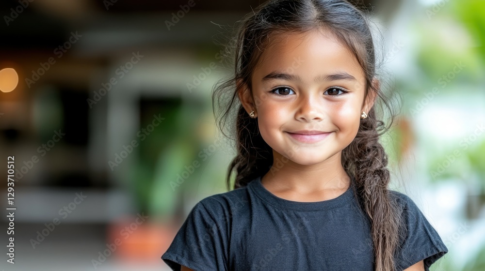 Young girl smiles brightly in a casual black shirt at a relaxed outdoor venue during the day Young girl smiles brightly in a casual black shirt at a relaxed outdoor venue during the day