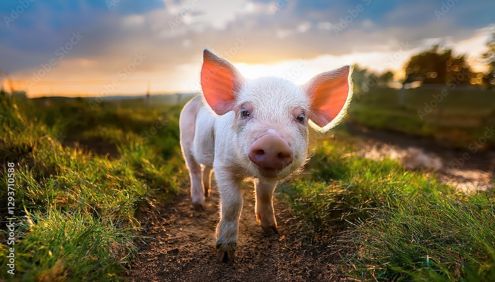 Endearing White Piglet Frolicking on a Peaceful Farm, Basking in the Soft Morning Light, Amidst Lush Greenery and Rustic Textures, Fostering a Sense of Serenity and Joy. Endearing White Piglet Frolicking on a Peaceful Farm, Basking in the Soft Morning Light, Amidst Lush Greenery and Rustic Textures, Fostering a Sense of Serenity and Joy.
