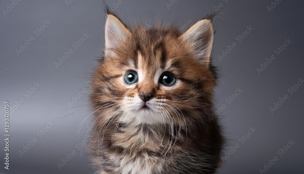 Gentle Gray Backdrop Highlights Playful Little Fluffy Kitten, Curl Up in Soft Fur with Endearing Expressions, Capturing Tender Moments of Innocence and Affection. Gentle Gray Backdrop Highlights Playful Little Fluffy Kitten, Curl Up in Soft Fur with Endearing Expressions, Capturing Tender Moments of Innocence and Affection.