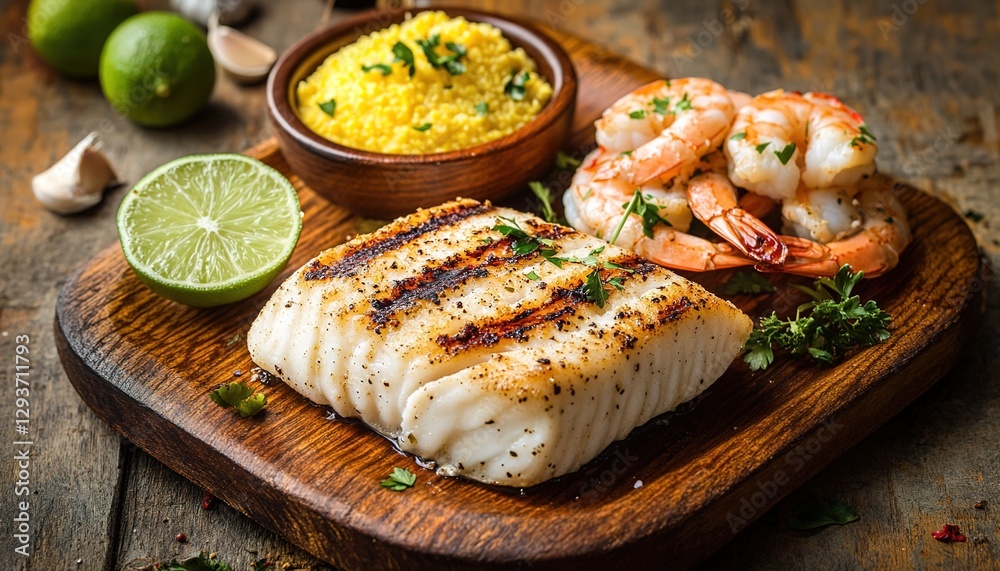 A vibrant plate of pollo con pratos, showcasing golden rice with juicy shrimp and colorful vegetables on top, set against a rustic wooden background A vibrant plate of pollo con pratos, showcasing golden rice with juicy shrimp and colorful vegetables on top, set against a rustic wooden background