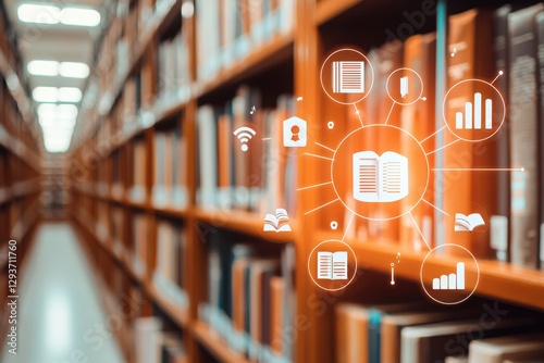 A library with shelves of books, enhanced by digital icons representing technology, data, and connectivity in an educational environment.