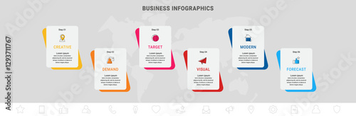 Vector line infographics with 6 rectangles. Business concept graphic process template with six steps and labels. Graphic timeline, chart, levels, web, diagram, banner, presentations