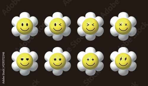 A set of illustrations of 3D stereoscopic flower shapes with various facial expressions.