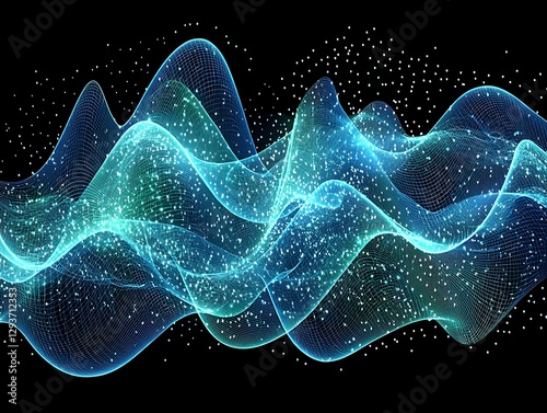 Glowing digital waves flow dark space