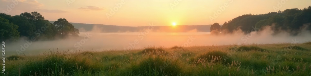 Fototapeta premium Gentle mist rising from a peaceful meadow at dawn, landscape, meadow