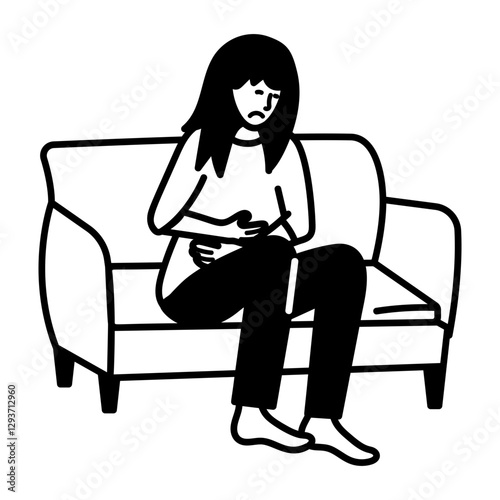 A doodle style icon of a woman having pregnancy cramps 
