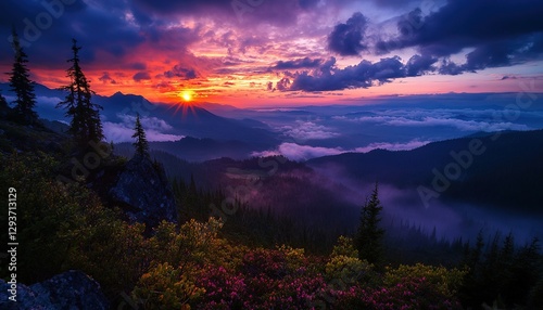 A breathtaking sunrise over the mountains, with colorful clouds and mist in the valley below. 