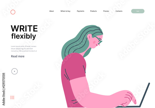 Writing people, modern flat vector concept illustration- sitting woman thoughtfully writing on laptop. Metaphor for reflection, personal insight, contemplation, creative expression