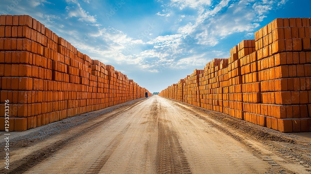 Fototapeta premium Photograph of orange bricks stacked in rows on both sides of a dirt road, with a blue sky background