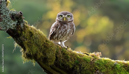 Wallpaper Mural Enchanting Little Owl Perched on Mossy Tree Branch in an Ethereal Forest, Mystical Green Foliage and Muted Pastels Create a Peaceful Scene. Torontodigital.ca