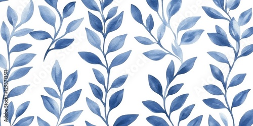 Seamless Pattern of Delicate Blue Watercolor Branches on a White Background, Elegant Floral Design