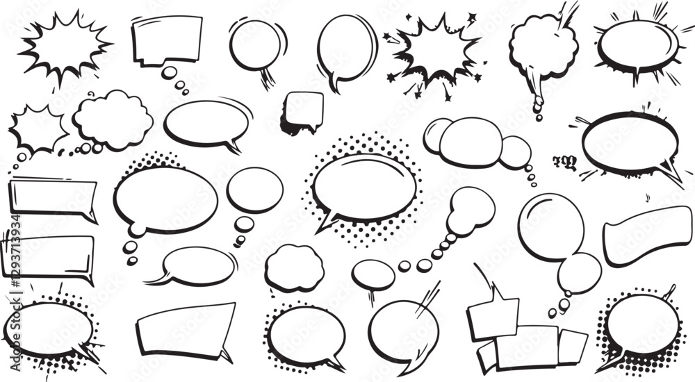 Fototapeta premium Vector Icon Set - Comic Speech Bubbles, Thought Clouds, Explosion Shapes, Halftone Shading, Line Art, Pop Art, Transparent Background