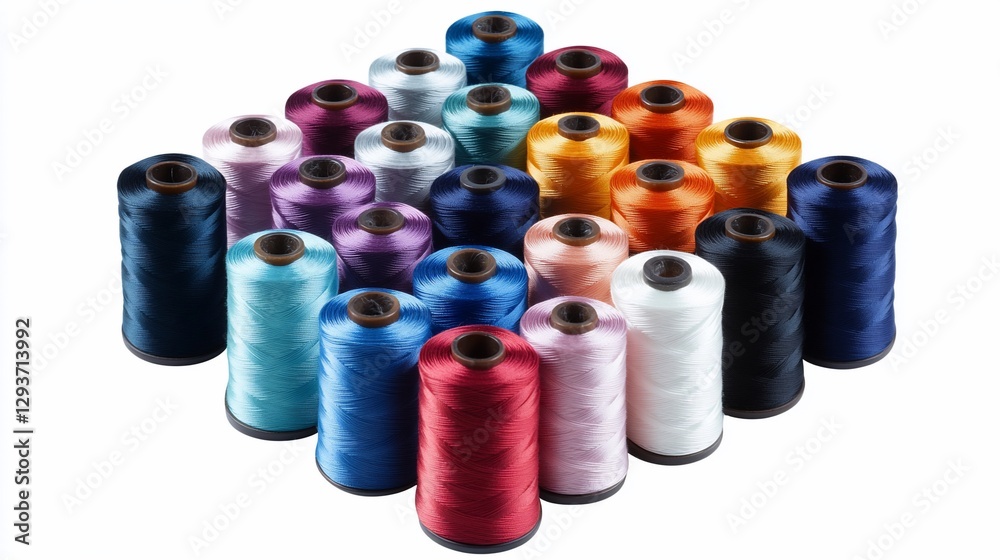 Colorful spools of thread arranged in a diamond shape on a white background. Colorful spools of thread arranged in a diamond shape on a white background.