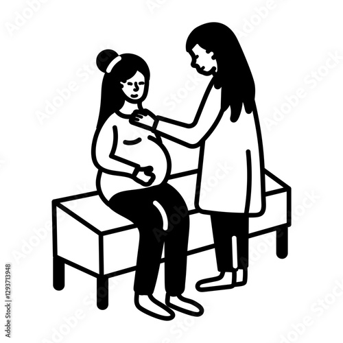 Pregnant woman at a doctor visit, doodle icon

