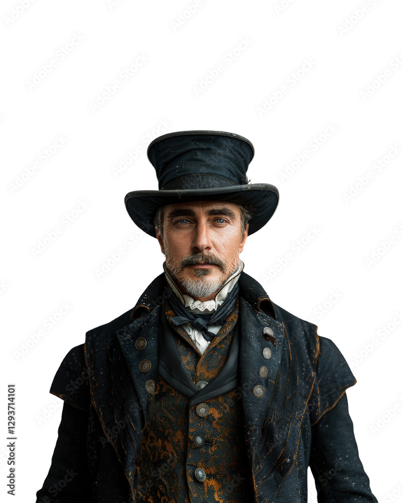 Portrait of a Victorian gentleman in a top hat and elegant attire against a translucent background, showcasing historical fashion Portrait of a Victorian gentleman in a top hat and elegant attire against a translucent background, showcasing historical fashion