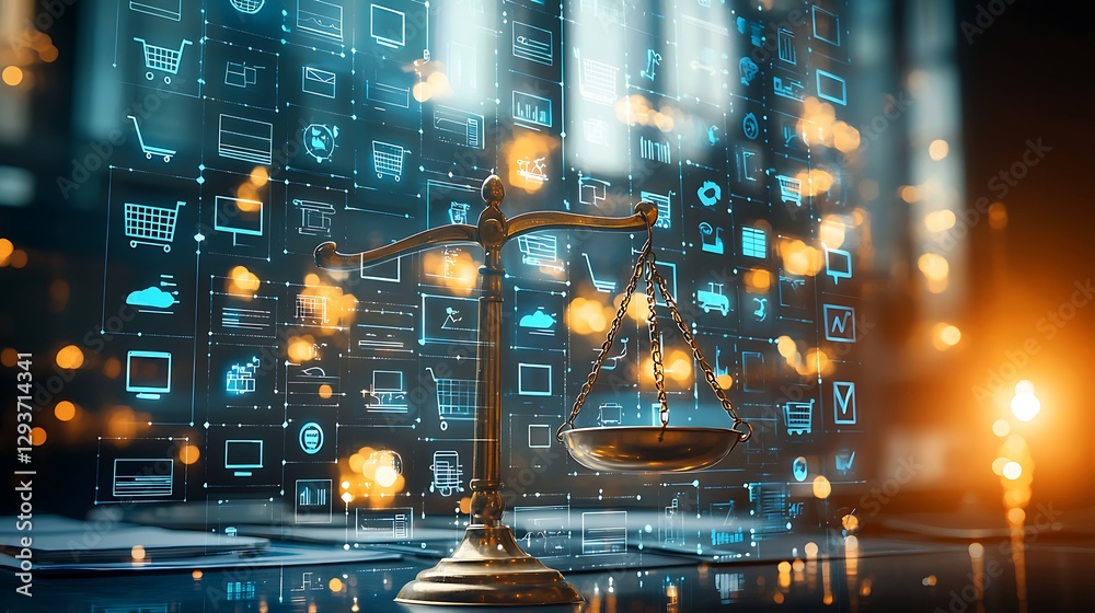 Fototapeta premium Golden scales balancing digital icons, representing justice in virtual office with bright background