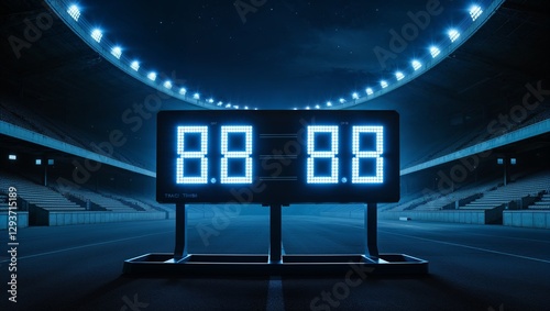 Deserted Stadium Scoreboard Illuminated at Night