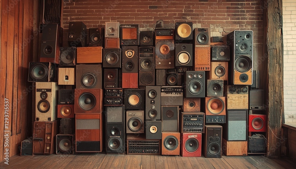Obraz premium A wall full of different sizes and styles of speakers, a vintage-style setting, wood floors, and a brick wall