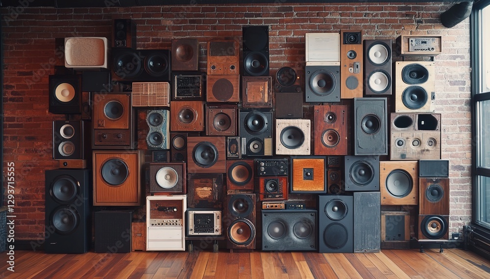 Obraz premium A wall full of different sizes and styles of speakers, a vintage-style setting, wood floors, and a brick wall