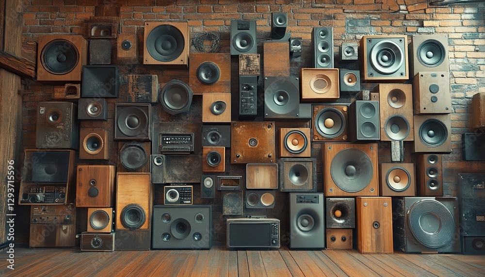 Obraz premium A wall full of different sizes and styles of speakers, a vintage-style setting, wood floors, and a brick wall