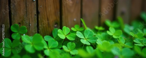 Lush green clover sways gently against weathered redwood fence, with raindrops falling softly in spring weather, raindrop, gentle, spring