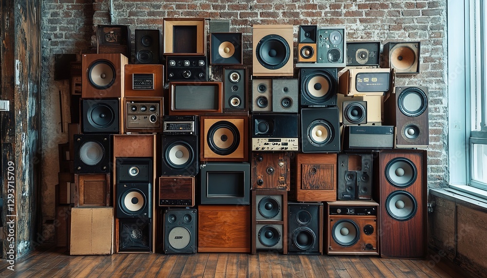Obraz premium A wall full of different sizes and styles of speakers, a vintage-style setting, wood floors, and a brick wall