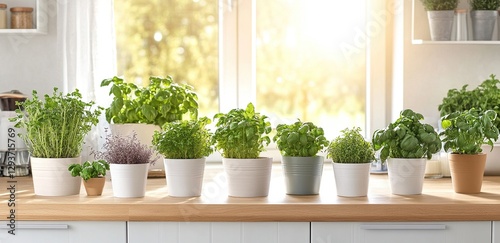 Wallpaper Mural Assortment of Potted Herbs on Kitchen Windowsill in Sunlight Torontodigital.ca