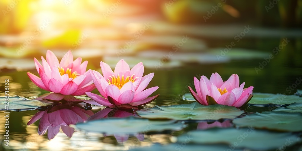Beautiful pink lotus flowers blooming on the water in nature, with sunlight reflecting on the surface, creating a peaceful and tranquil scene. Beautiful pink lotus flowers blooming on the water in nature, with sunlight reflecting on the surface, creating a peaceful and tranquil scene.