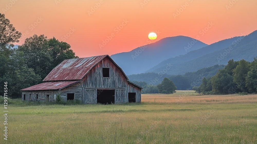 Rustic barn at sunset over valley mountains Rustic barn at sunset over valley mountains