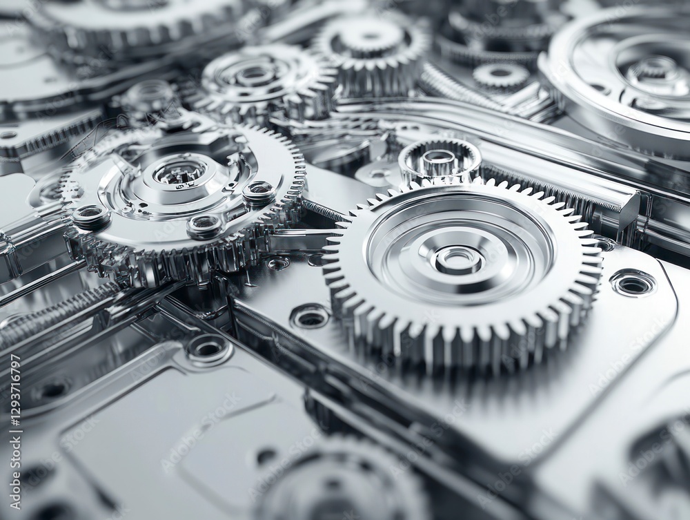 Close-up of gears and wheels, with a background of white, shiny metal and steel. Close-up of gears and wheels, with a background of white, shiny metal and steel.