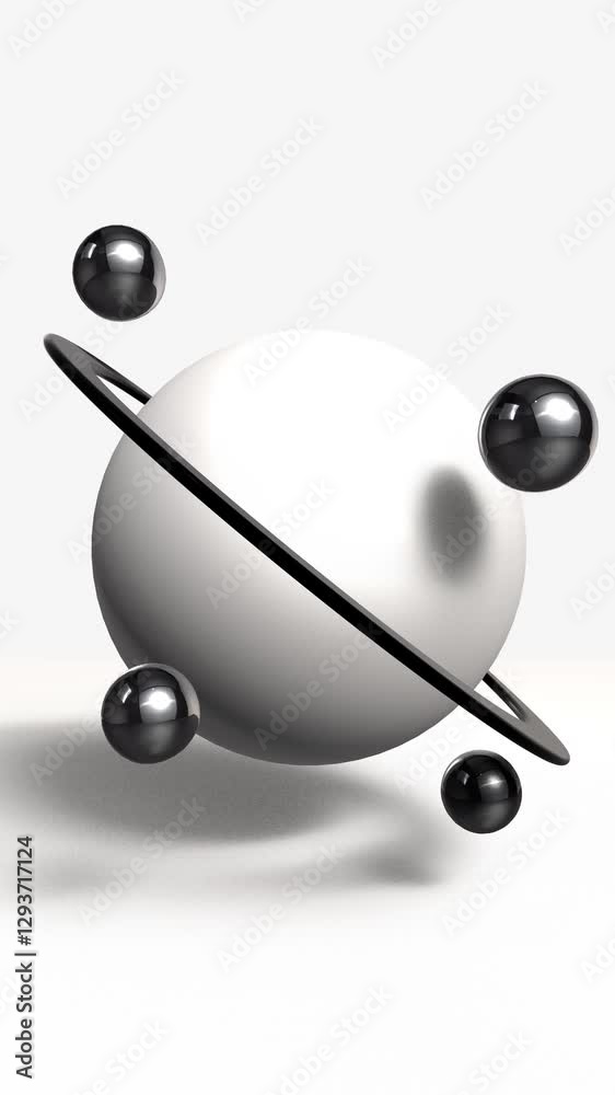 vertical Abstract 3d animation, white sphere with metal rings and orbit ball minimalistic background vertical Abstract 3d animation, white sphere with metal rings and orbit ball minimalistic background