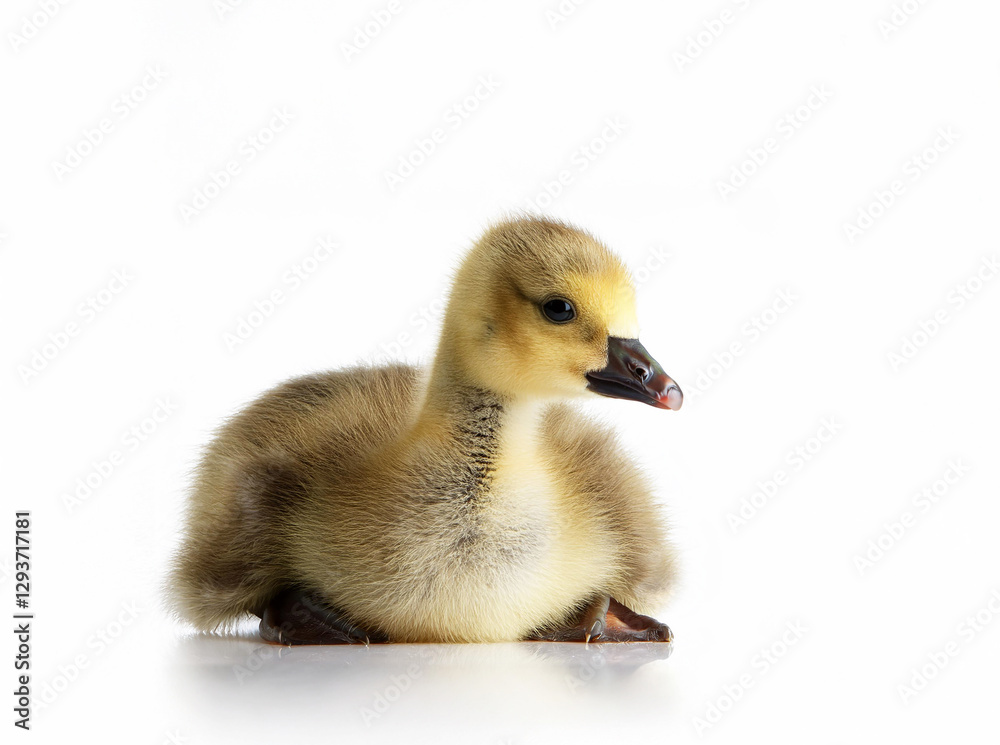 A small goose stands on a white background, showing off its fluffy texture and cute appearance. A small goose stands on a white background, showing off its fluffy texture and cute appearance.