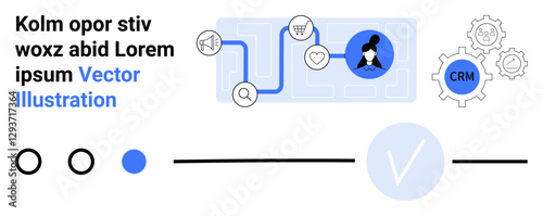 Diagrams, gear and icons representing search, shopping, heart. Businesswoman profile, CRM text. Ideal for process mapping, CRM systems, digital marketing business strategy technology adoption