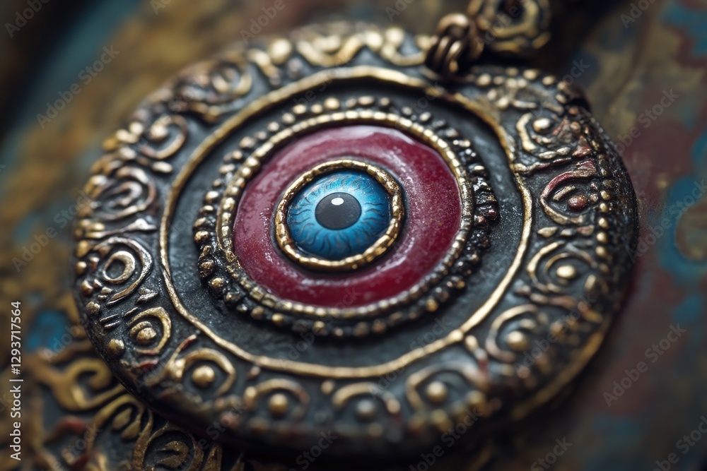 Close-up shot of an eye-shaped necklace with intricate details Close-up shot of an eye-shaped necklace with intricate details
