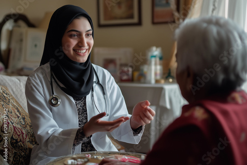 A young muslim nurse in hijab consulting a patient. Healthcare and medicine