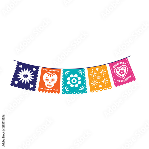 Mexican bunting for Day of the Dead, Dia de los Muertos and cinco de mayo. mexico fiesta celebration. multicolored hanging traditional mexican flags