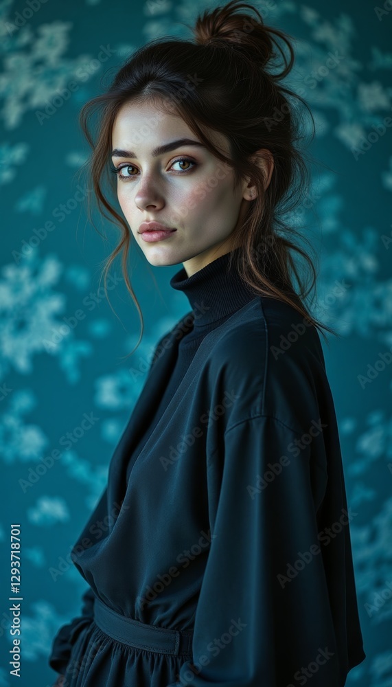 Naklejka premium Woman with long hair tied in bun is wearing a dark, loose-fitting turtleneck sweater. Fashion, lifestyle, and interior design themes.