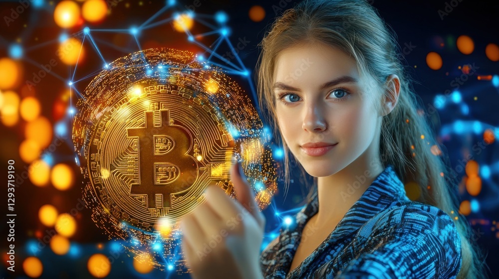 Naklejka premium Blonde woman holding glowing bitcoin symbol in futuristic digital finance and cryptocurrency concept Concept of blockchain technology digital currency cryptocurrency trading