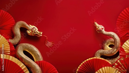 Luxurious Chinese New Year Scene with a Regal Golden Snake in Red Backdrop, Evoking Opulence and Fortune for the Year of the Snake . photo