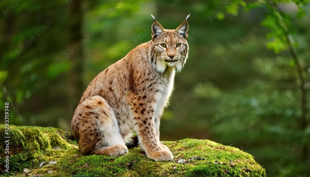 Obraz premium Eurasian Lynx Sitting on Mossy Stone in Forest Green Backdrop Serene Solitude of a Wild Cat Encounter, Capturing the Tranquility and Beauty of the Forest Floor