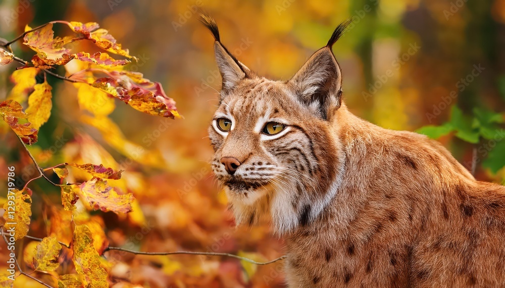 Eurasian Lynx in Vibrant Autumn Forest Glimpse into a Wildlife Haven with Orange Hues and Rustic Textures, Moment of Serene Tranquility in a Majestic Landscape. Eurasian Lynx in Vibrant Autumn Forest Glimpse into a Wildlife Haven with Orange Hues and Rustic Textures, Moment of Serene Tranquility in a Majestic Landscape.